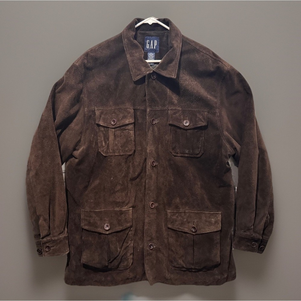 VTG Gap Cow Suede Split Leather Jacket Sz L Brown Chest Front Pockets Overcoat